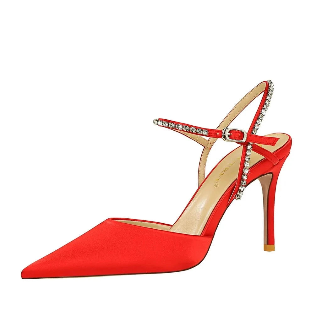 40 / Red New Dress Shoes Party Banquet Stiletto High Heels Satin Hollow Summer Women's Shoes Rhinestones Heels For Ladies Sandals