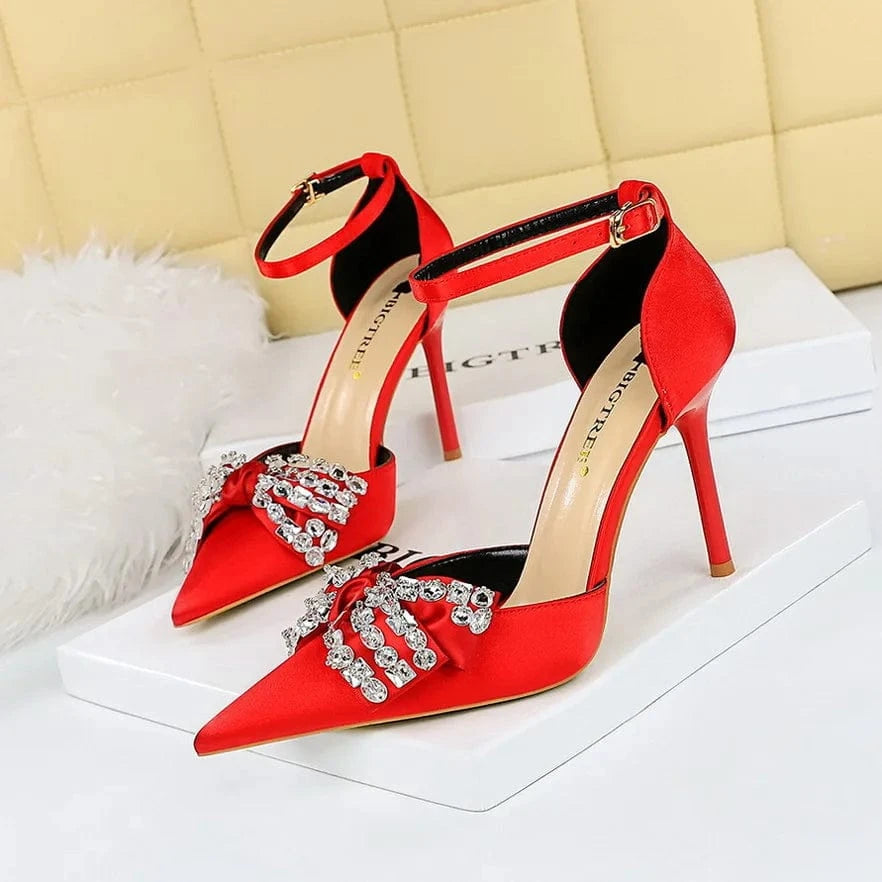 40 / Red Summer Sandals Women Luxury Silk Satin Rhinestone Bowknot Buckle Shoes Pointed-toe Wrap-toe High Heels Sandals For Ladies Dating