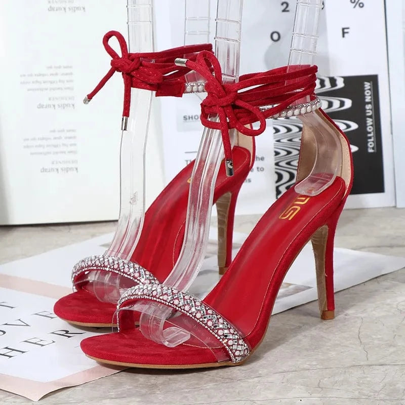 40 / Red Women Point Toe Suede Cross-tie High Heels Sexy Female Rhinestone Strap Rome Sandals