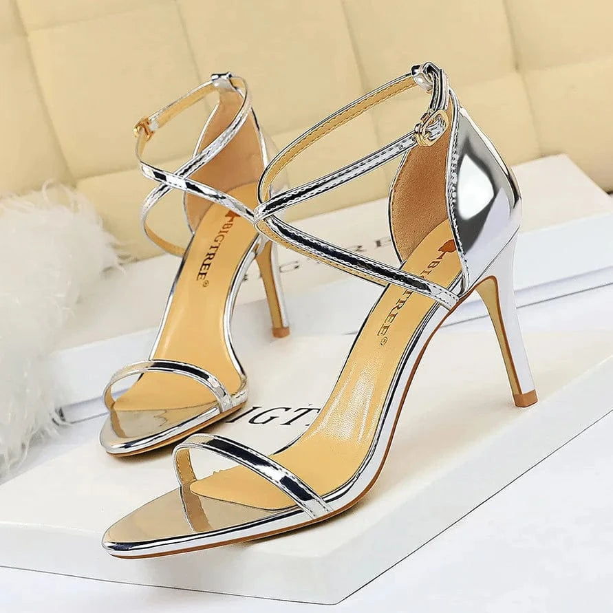 40 / sil ver 8CM 34-40 Fashionable and sexy nightclub sandals Summer slim heels and ultra-high heels Hollow cross strap sandals