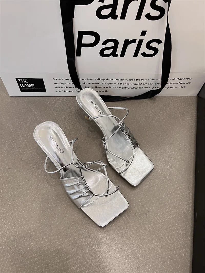 40 / silver New Summer Gold Slippers Women High Heels Slide Female Clip Toe Sandal Party Dress Shoes Vacation Flip Flops Sandalia Mujer