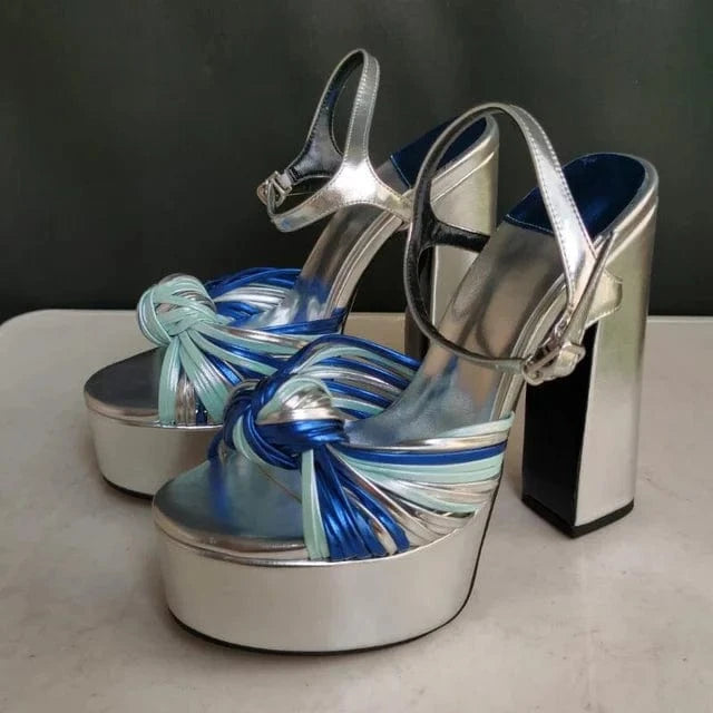 40 / sliver 2022 New Summer Sexy Women's Sandals Mixed color Tie a knot Thick High Heel Platform Shoes Silver Zapatos Mujer Big Size 34-44