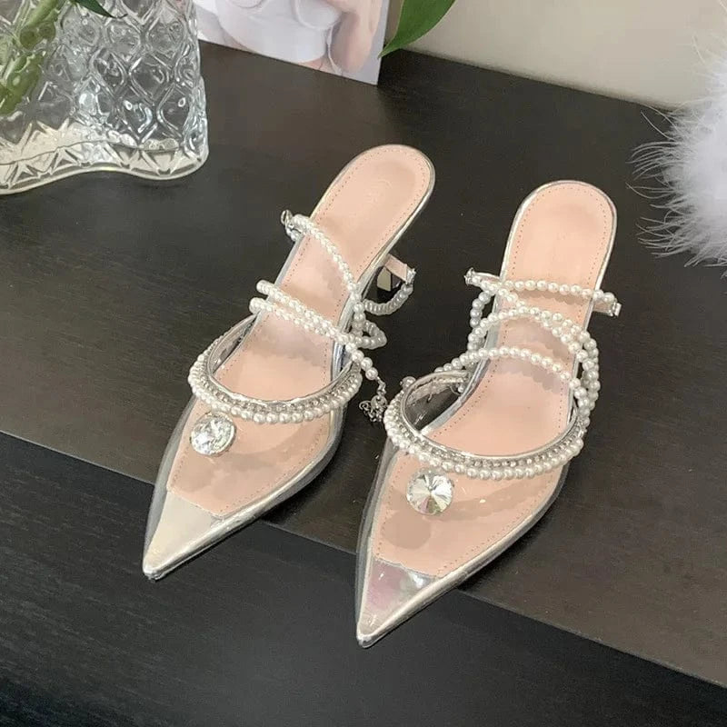 40 / transparent PDEP  point toe Sandals 2023 summer new ladies stiletto high heel shoes for women rhinestones Korean  pearl court pumps low heel