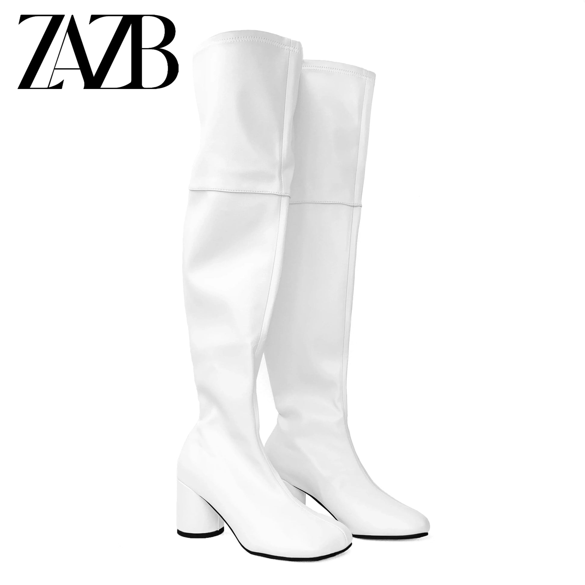 40 / White Big sexy booty Winter Autumn women's thigh high boots Square head chunky Thick heel zipper white knee leather ladies shoes