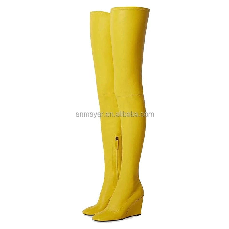 40 / Yellow ENMAYER Female Popular Pointed Toe Wedge Heel Elastic Leather Over The Knee Women Thigh High Boots