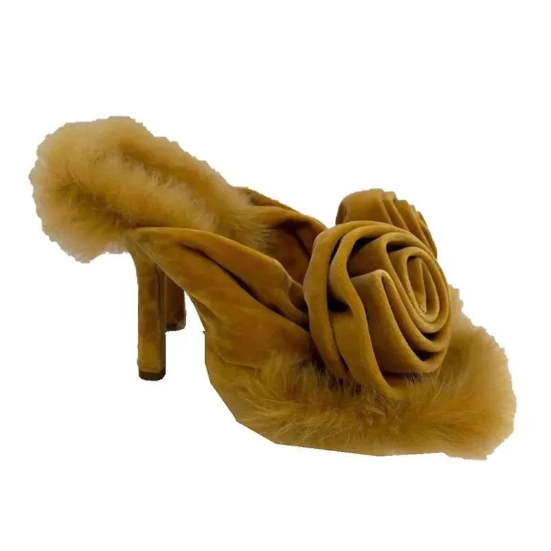 40 / Yellow yellow suede materials women fluffy slides high heeled mule sandals with rose flowers