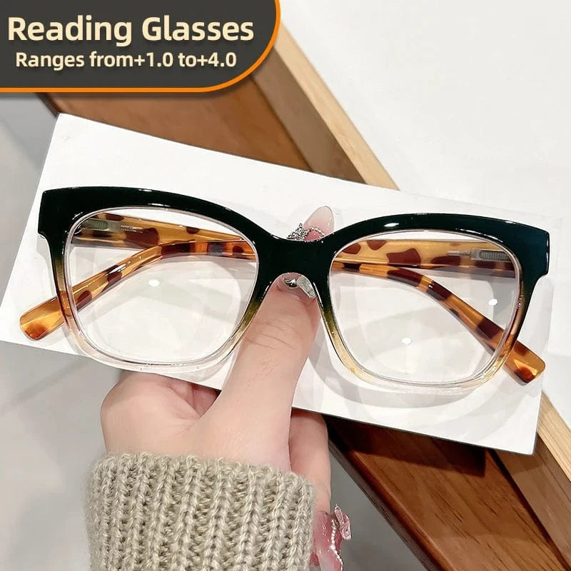 400 / Green New retro classic square-framed reading glasses with gradient color matching, trendy and fashionable reading glasses