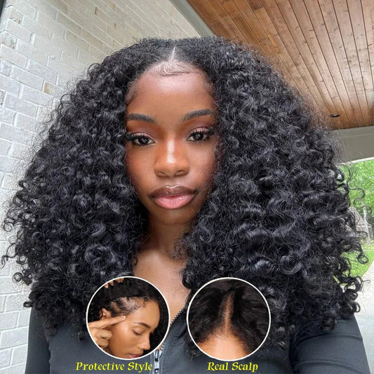 40Inch Kinky Curly V - Part Wig Human Hair No Leave Out Upgrade Deep Wave Curly V Shape Wig No Glue Clip In Half Wigs 200 Density - SN Wigs & More
