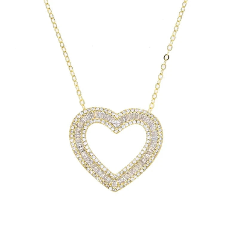41+5cm / N031-Gold 2024 New Design.3 Color Iced Out Bling Women Valentine Day Gift Jewelry Infinity Hollow Out Double Layer Heart Charm Necklace