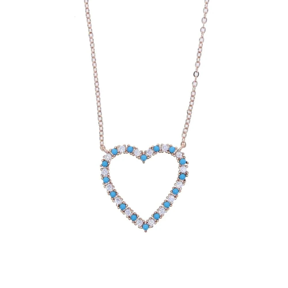 41+5cm / N647-Rose gold Fashion jewelry turquoise hollow out heart pendant Valentines's Day gift thin chain girl women necklace