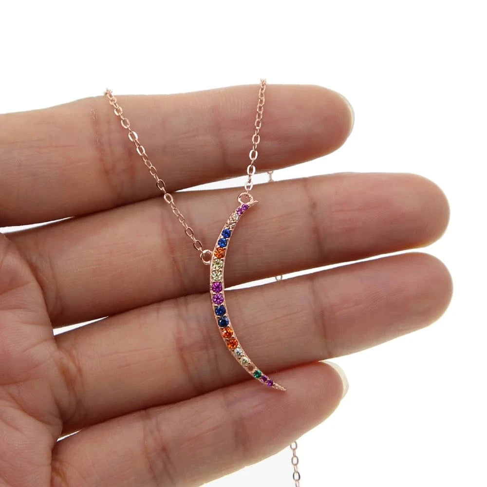 41+5CM / Y-Rose Gold rose gold plated 925 sterling silver skinny colorful cubic zirconia classic crescent moon necklace for women jewelry