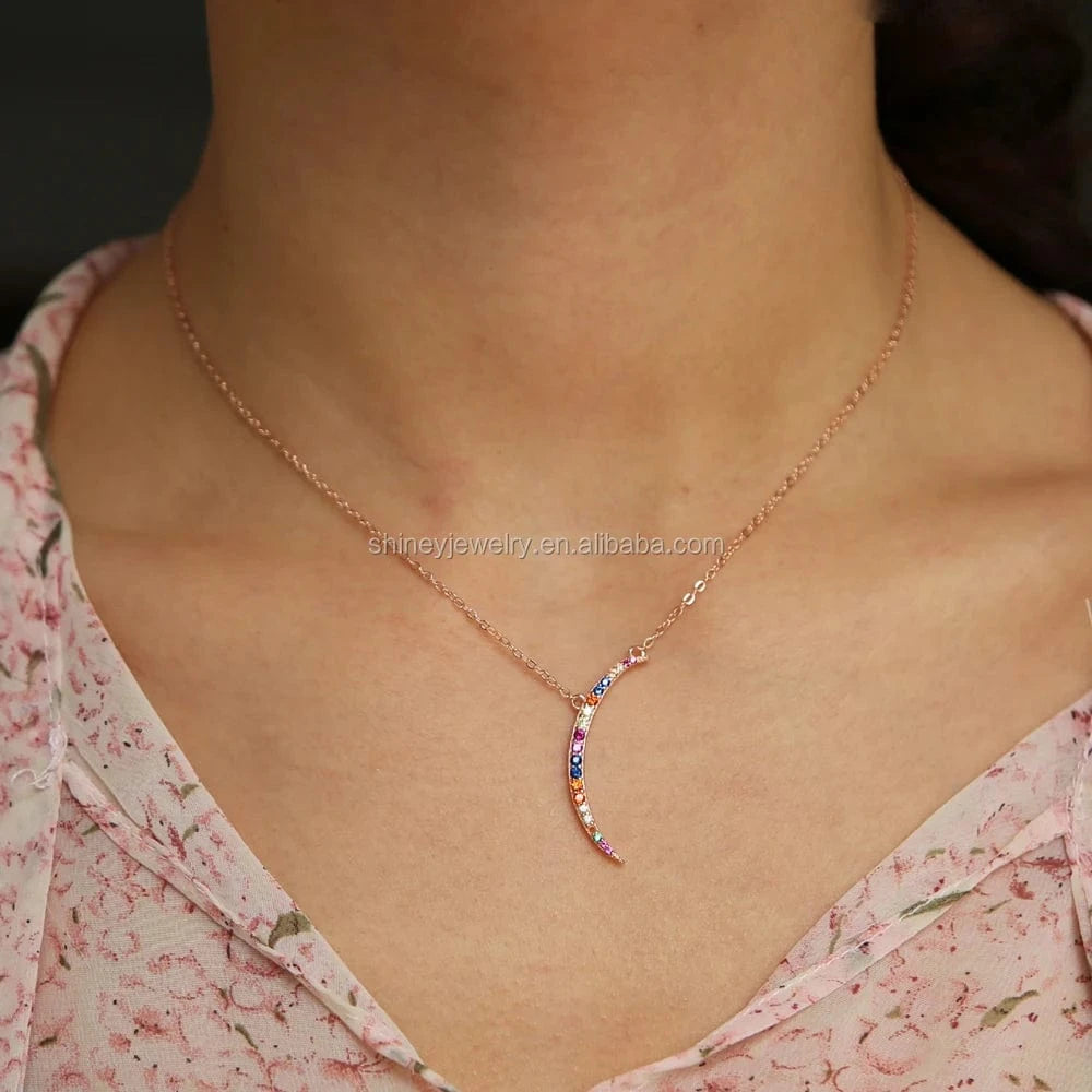 41+5CM / Y-Rose Gold rose gold plated 925 sterling silver skinny colorful cubic zirconia classic crescent moon necklace for women jewelry