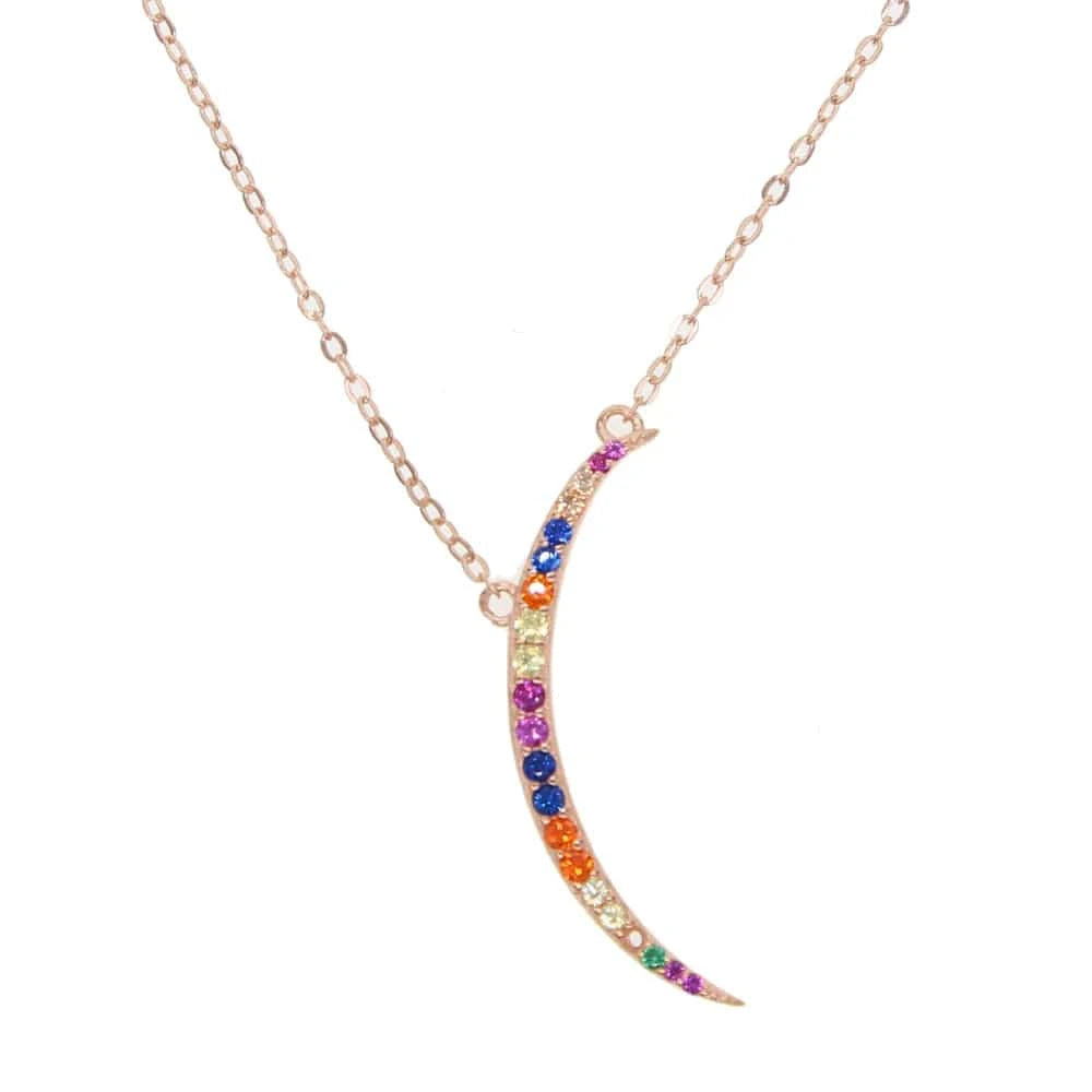 41+5CM / Y-Rose Gold rose gold plated 925 sterling silver skinny colorful cubic zirconia classic crescent moon necklace for women jewelry