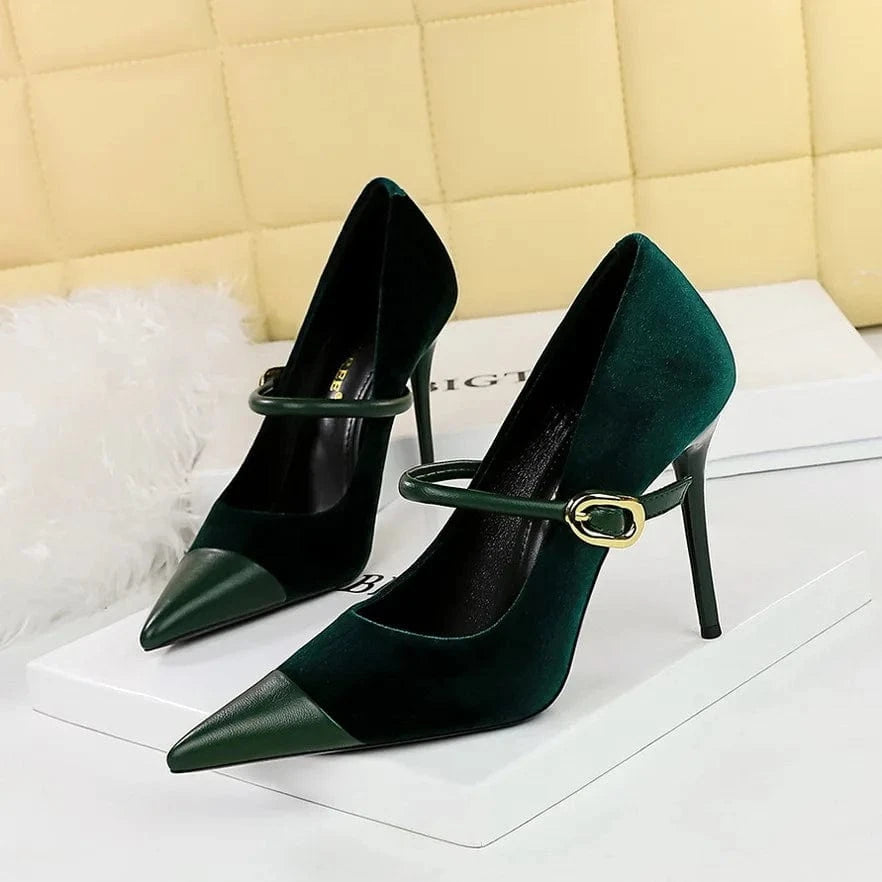 41 / 9116-1 Green 10cm Winter Women Stilettos Retro Solid Color Pointed-toe Mujer Zapatos Wrap-toe Shallow High Heels Pumps Ladies Annual Meeting Shoes