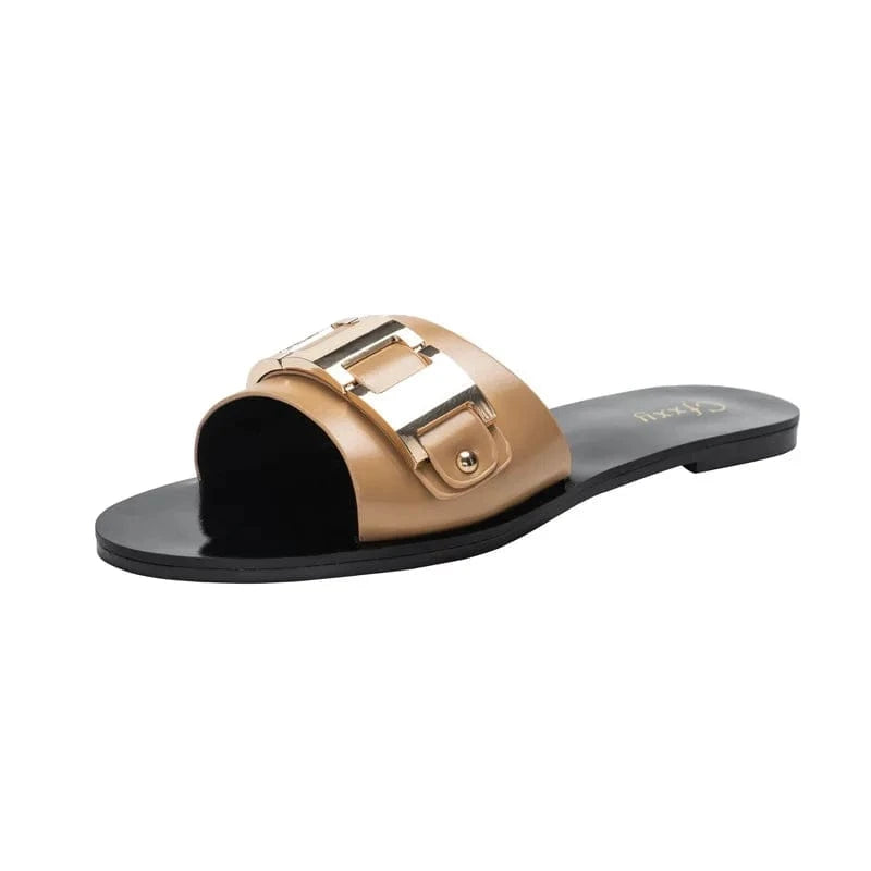 41 / Apricot Fashion Metal Buckle Women Slippers PU Solid Mirror Casual Summer Female Flip Flops Sandals