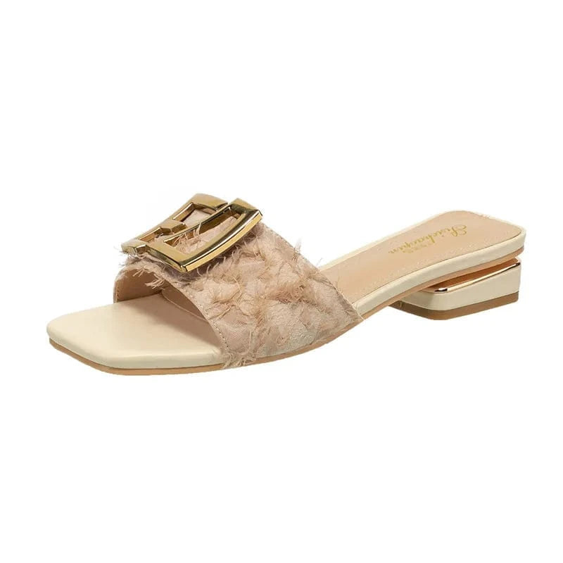 41 / Apricot Fashion Women Summer Autumn Slippers Square-toe Buckle Female Low Heels Outside Beach Ladies Sandals