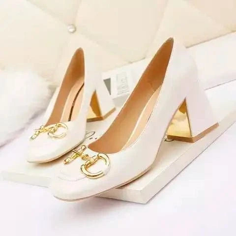 41 / Beige New design Horsebit Square head Women's high heel shoes dress formal office occupation commuting grace block chunky heel ladies