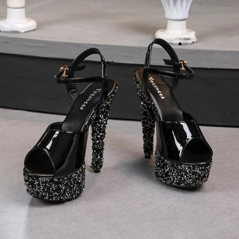 41 / Black 15 cm Trendy Summer Shoes Women 13 CM Strippers Heels Glitter Platform Sandals Sexy Buckle Straps Pole Dance Shoes Women