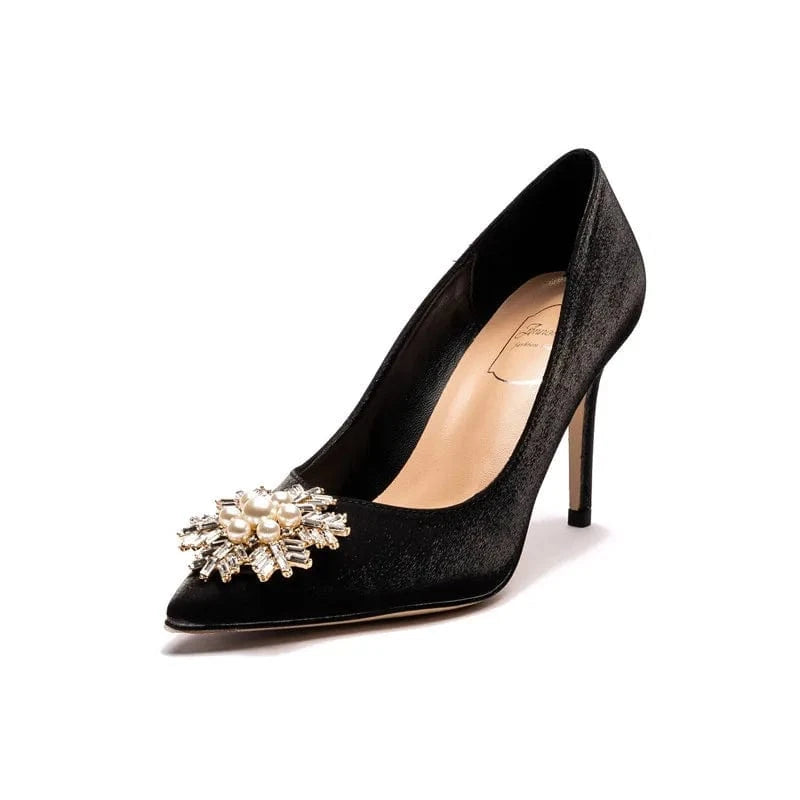 41 / Black(9cm)` Female New Point toe Shallow High Heels Blossom Pearls Pumps Shoes for Women Wedding Dress Mujer Heeled Sandals