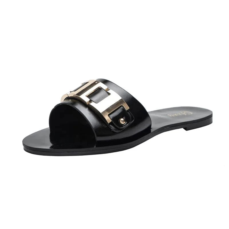 41 / Black Fashion Metal Buckle Women Slippers PU Solid Mirror Casual Summer Female Flip Flops Sandals