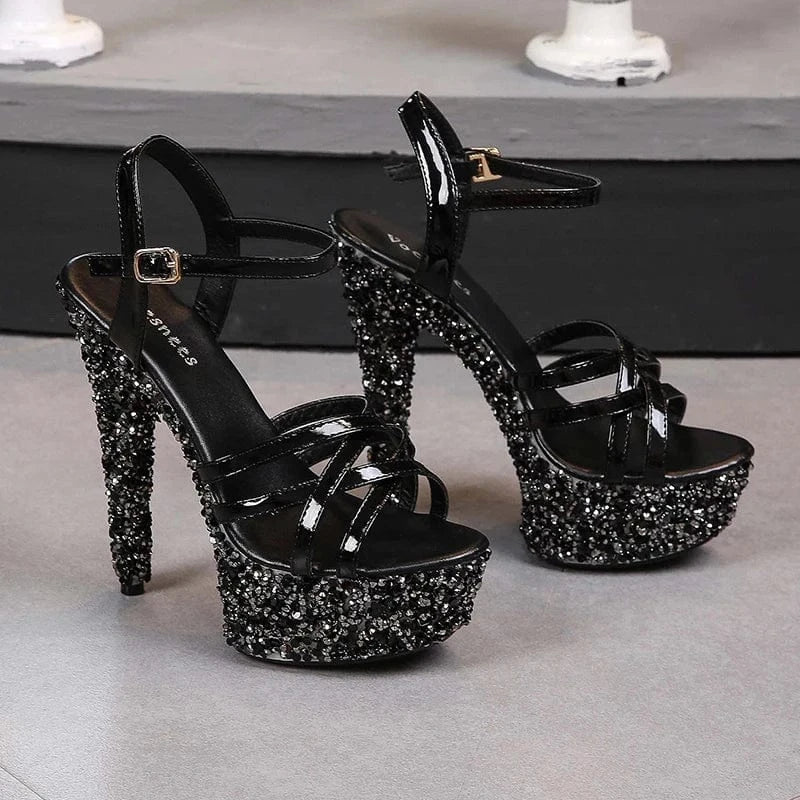 41 / Black High quality Diamond Platform Women Sandals Cross Strap High Heel Stripper Pole Dance shoes women Heel sandals