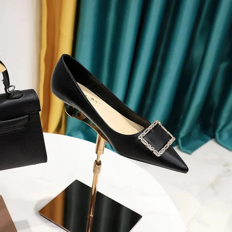 41 / Black Korean Style Pointed-toe Shallow Buckle Women Low Heels Spring Autumn Female Sandals Outside Banquet Office Ladies Shoes