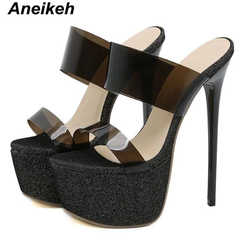 41 / Black Spring Slip-On Rome Concise Mixed Colors Summer Fashion Party Head 2023PVC Bling Women High Heel Stiletto Platform Sandals Shoes