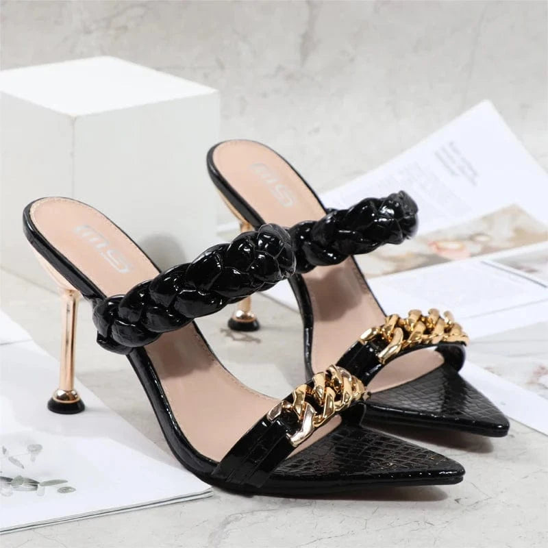 41 / Black Stiletto women sandals summer autumn 2022 metal chain thin high heels female shoes sexy pointy one word fashion sandals women