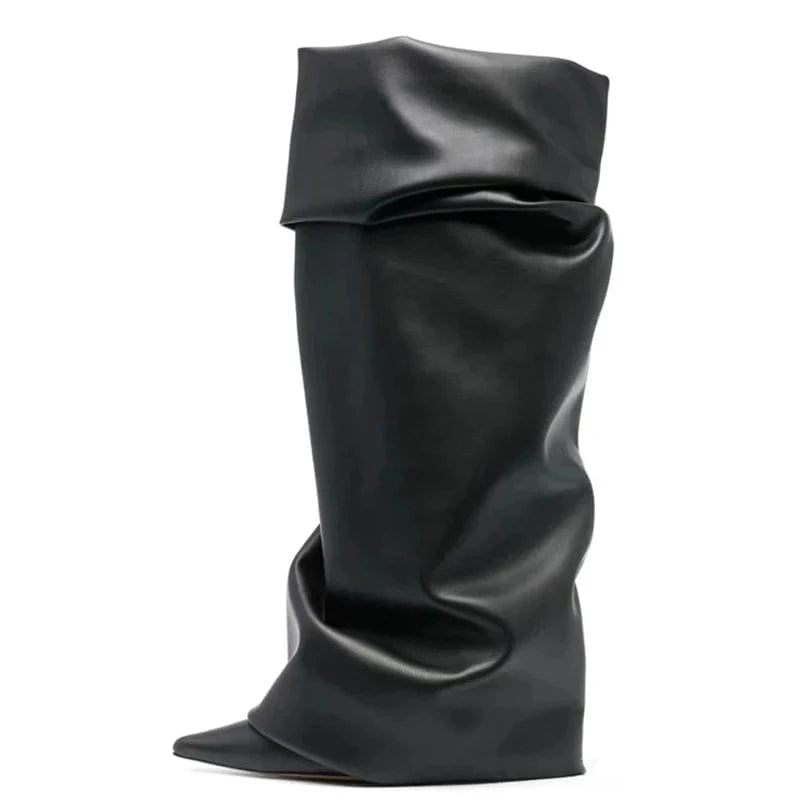 41 / Black Women's Pleated Upper High Thin Heels Pointed Toe Overlay Shoes Dress Stiletto Pants Boots Matte Leather Knee High Booties