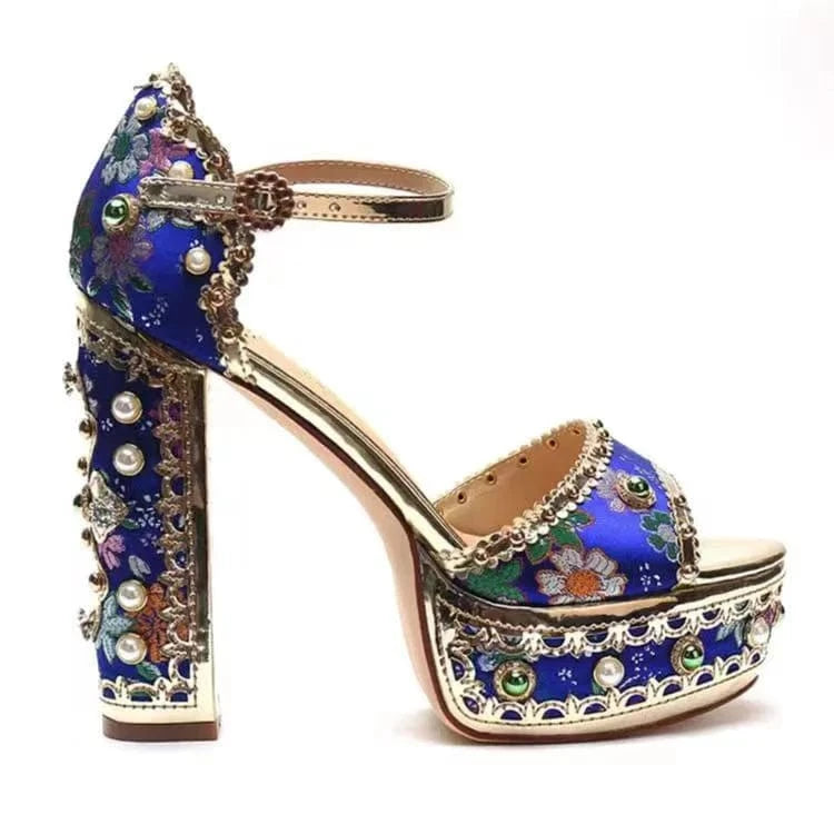 41 / Blue Ubililia Peep Toe Luxury Double Platform Heels for Women Fashion Design Ladies Shoes Ankle Strap Crystal Platform Chunky Sandals