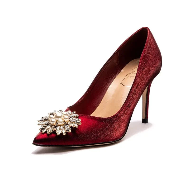 41 / Claret(9cm)` Female New Point toe Shallow High Heels Blossom Pearls Pumps Shoes for Women Wedding Dress Mujer Heeled Sandals