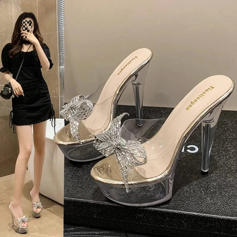 41 / Gold 13cm PDEP 2023 Summer Waterproof Platform Fashion platform Transparent thick Ultra High Heel Sandals Women's Slippers chunky mule