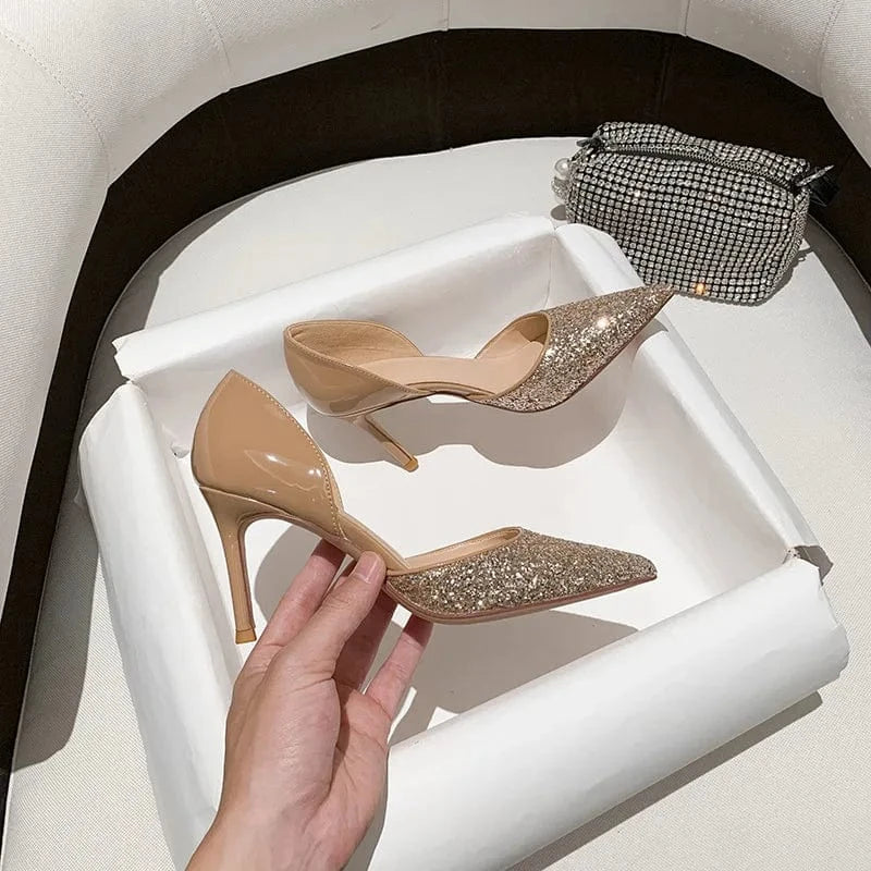 41 / Gold 8cm` Gold Sequins High Heels for Ladies New Stilettos Point Toe Shallow Women Autumn Wedding Dress Shoes