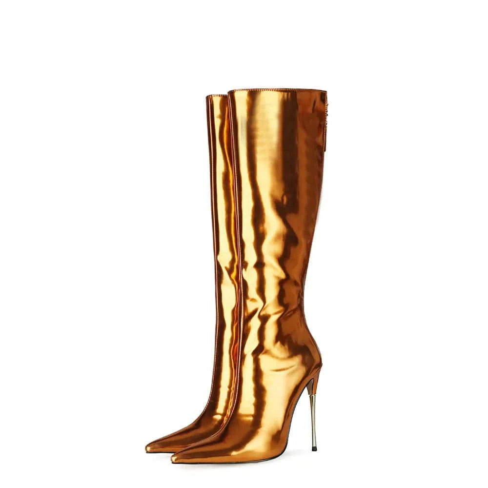 41 / Gold Botas De Mujer Fashion Design Metallic Boots Women Mirror Leather Pointed Toe Stiletto Thin Heels Long Boot Knee High Boots