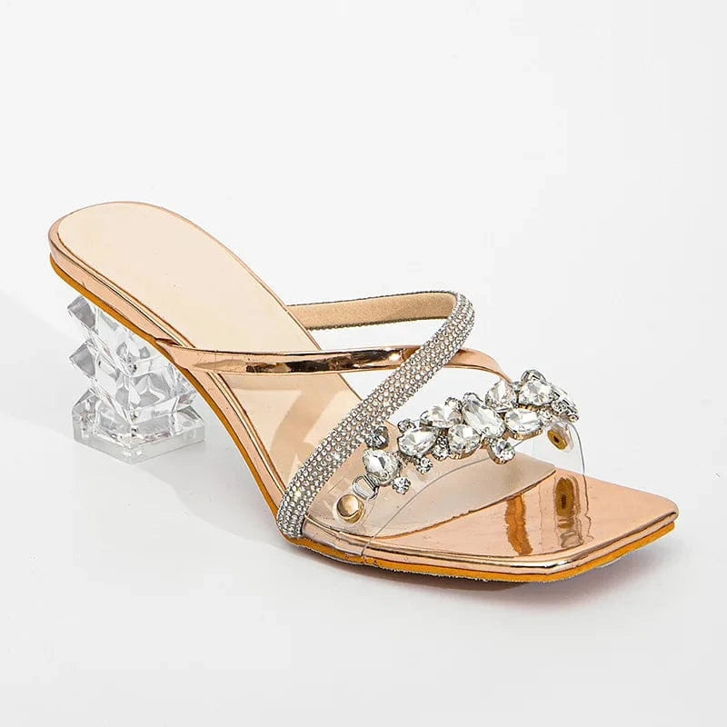 41 / Gold ZHEZHE 2023 new design unique square head rhinestone high heel sandal fashion crystal thick heel high heel sandal slipper