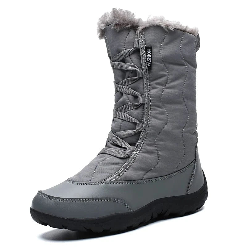 41 / Grey Women's Warm Waterproof Cold-Resistant Furry Collar Outdoor Mid Calf Easy Wear Lace-up Winter Snow Boots