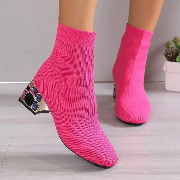 41 / Hot pink Lug Sole Slip On Chunky Block Heel Knitting Hot pink Black Ankle Classic Boots Women's Platform Chelsea Boots