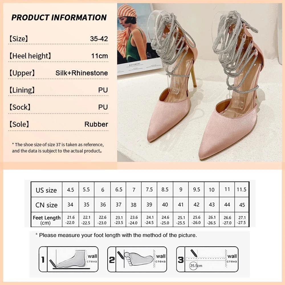 41 / Pink Lace-Up Shiny Silk High Quality Women's High Heels Rhinestone High Heels And Sandals Women's Shoes Shiny