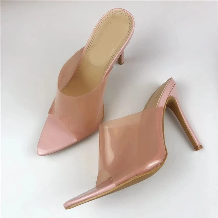 41 / Pink New European Fashion Summer pointed toe PVC transparent stylish stiletto high heel party office slide women heel sandals