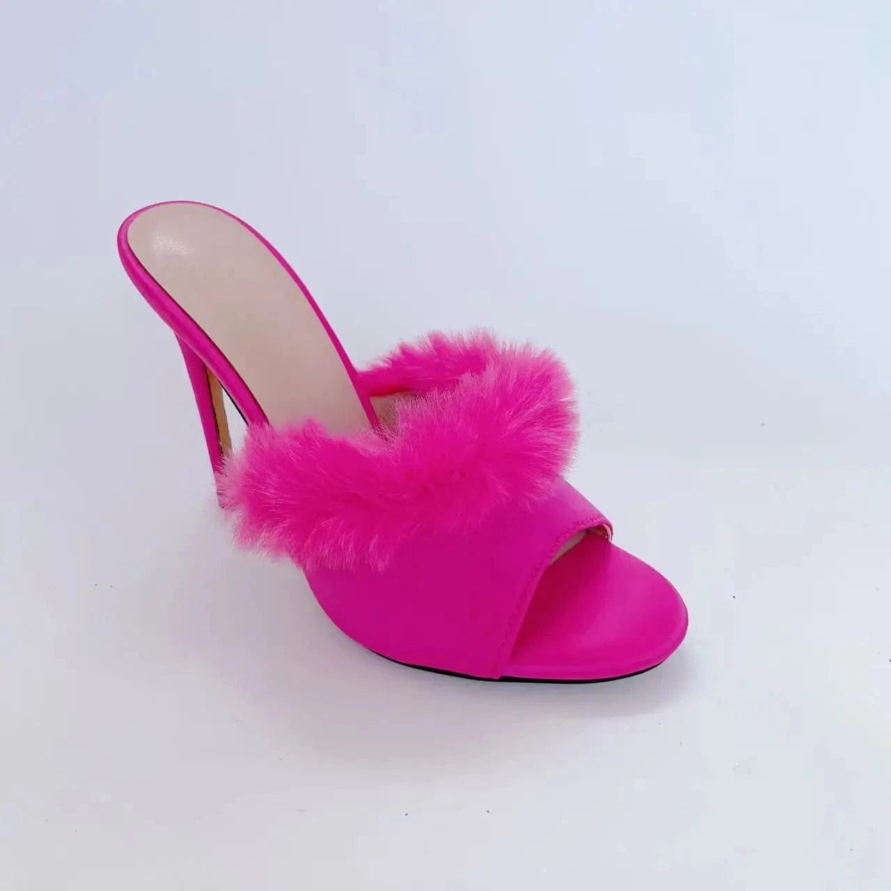 41 / Pink Ubililia Custom hot pink High Heel slides mules Furry Fluffy Pointy Toe slippers Fur stiletto high Heels Women suede Sandals