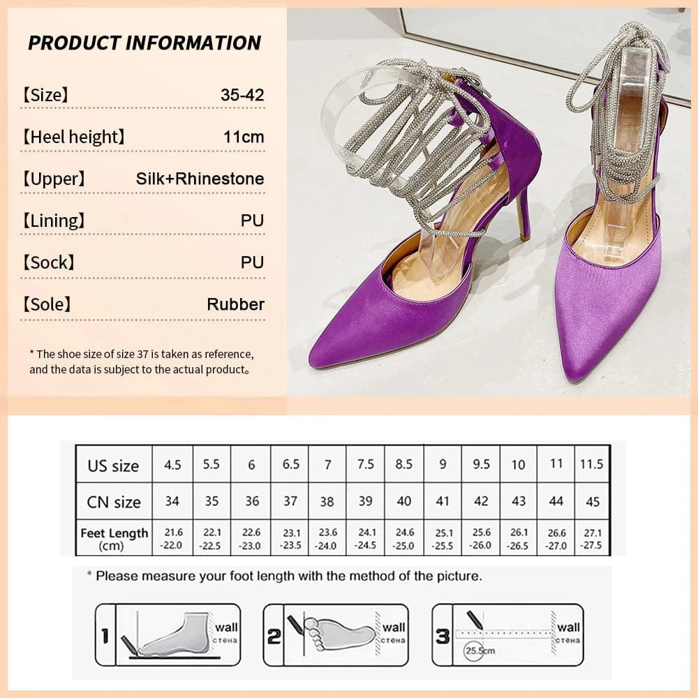 41 / Purple Lace-Up Shiny Silk High Quality Women's High Heels Rhinestone High Heels And Sandals Women's Shoes Shiny