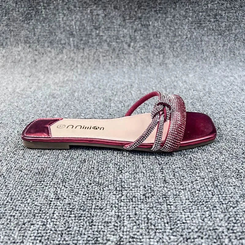 41 / Red Dropshipping Custom Logo Summer Women`s Flat Beach Slippers Outdoor Comfortable Fashion Rhinestone Slides