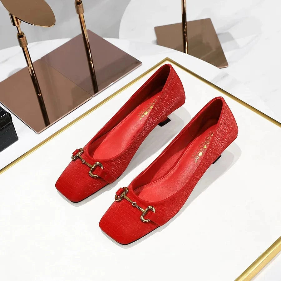 41 / Red Fashion Women Square-toe Buckle Kitten Heels Outside Banquet Ladies Dress Sandals Spring Summer Low Heels Female