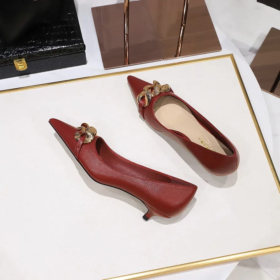 41 / Red Korean Style Spring Autumn Women Low Heels Pointed-toe Shallow Chain Female Stilettos Outside Office Ladies Dress Shoes