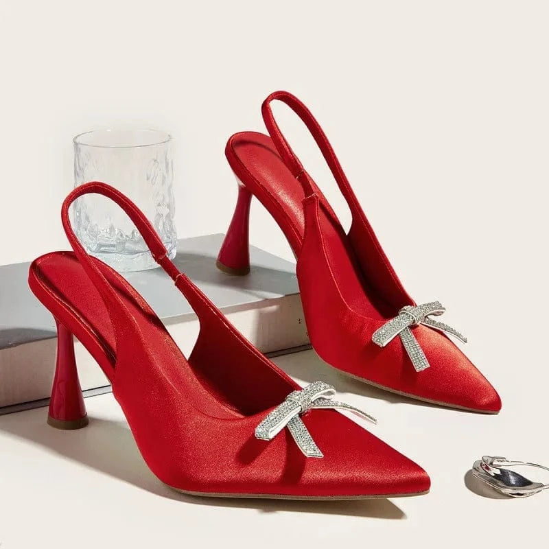 41 / Red PDEP 2023 ladies new temperament stiletto bow closed elegant sling back point toe  satin women high heels shoes