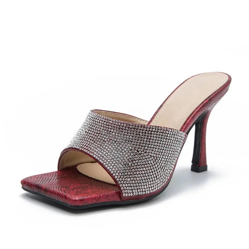 41 / Red Women Summer New High Heels Stilettos Square-toe Rhinestone Sexy Outside Sandal Slippers for Female