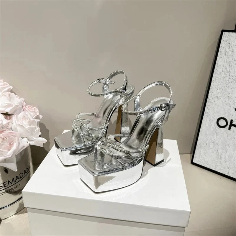 41 / silver 2024 sexy diamond belt high-grade elegant socialite style open toe high heel sandals
