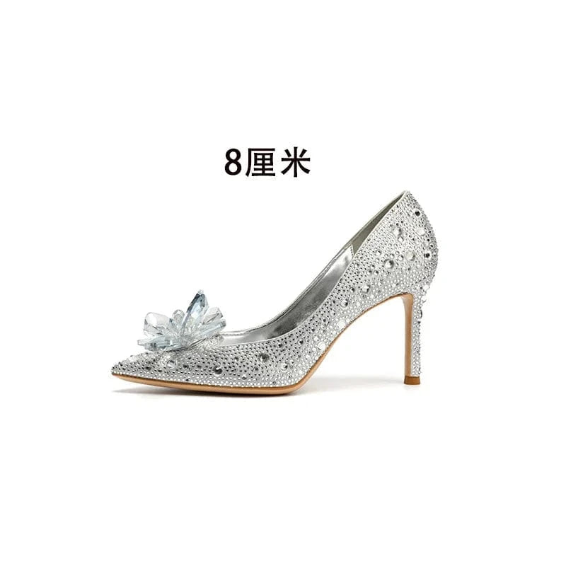 41 / Silver 8cm` Luxury Diamond High Heel Stilettos for Ladies Wedding Bridal Dress Crystal Heel Pumps