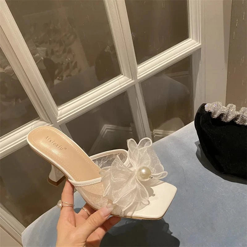 41 / White New design elegant women front yarn bow Pearl romantic dream girls comfortable open square toe mid thin stiletto heels flats