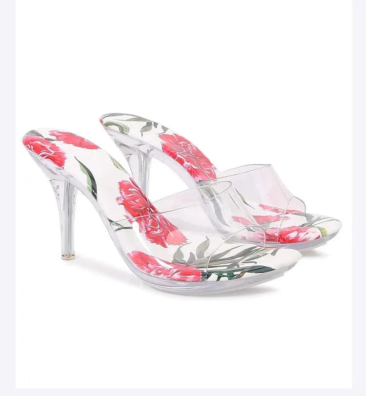 41 / White PDEP Round Head 8cm women's high Heel Sandals  slip on footwear Dress Shoes Flower Crystal Sexy transparent clear heel slippers